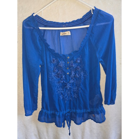 Hollister Embroidered Floral‎ Peasant Top Sheer Blouse Blue XS - Picture 1 of 4